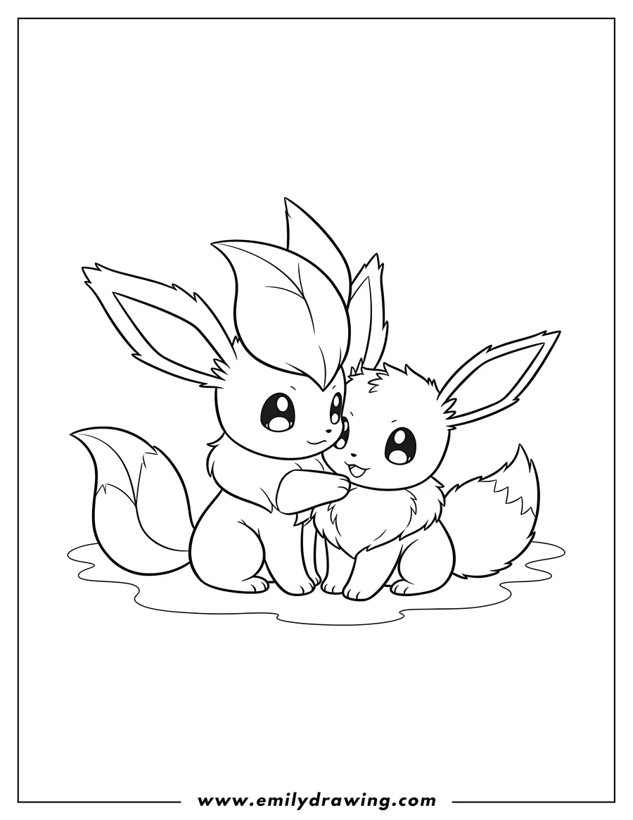 High quality printable baby Leafeon cuddling Baby Eevee for coloring