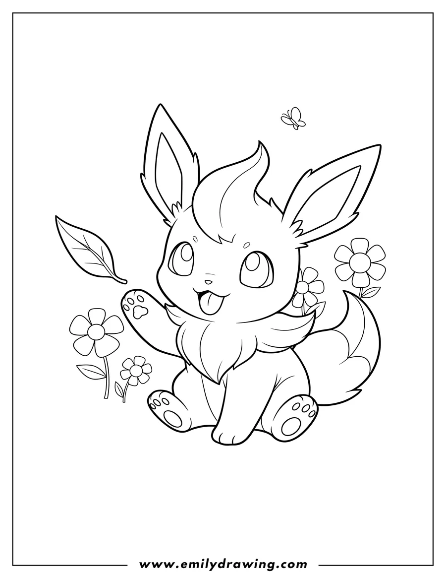Coloring page of baby Leafeon playing with tongue out, for preschoolers