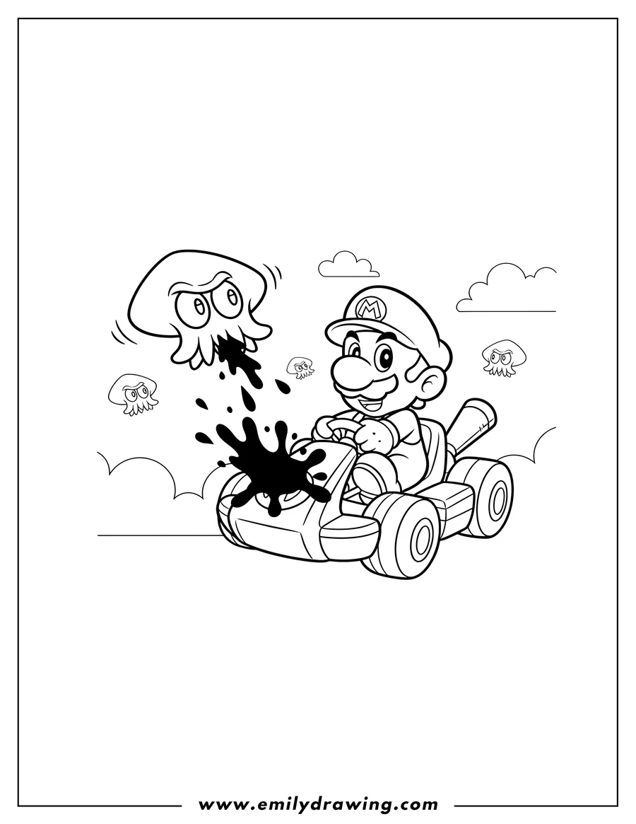Coloring page of baby Luigi from Mario Kart Scaled, driving a kart, is splatted by ink from a flying squid, with other squids in the sky