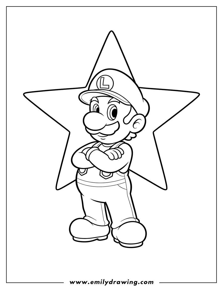 PDF style coloring page: baby Luigi Scaled, standing with arms crossed, wearing a cap and overalls, in front of a large star