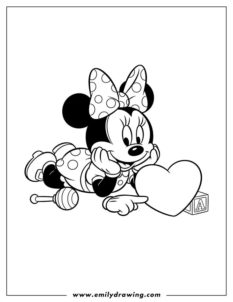 Simple sketch of baby Minnie Mouse lying on her stomach, propping her head with one hand, pointing at a heart to color