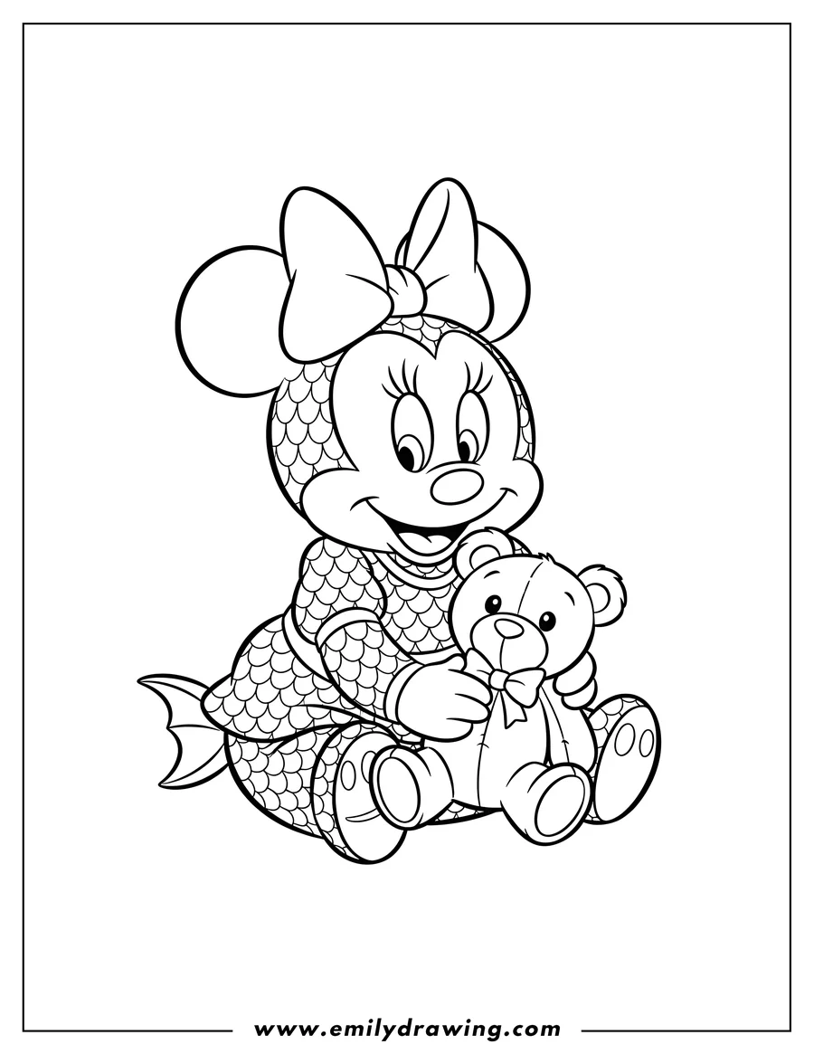 Outline drawing of cute Baby Minnie Mouse Scaled sitting, smiling and holding a teddy bear
