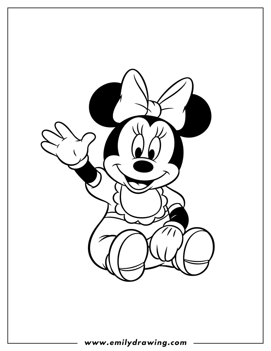 Linear illustration of baby Minnie Mouse sitting, wearing a bib, and waving