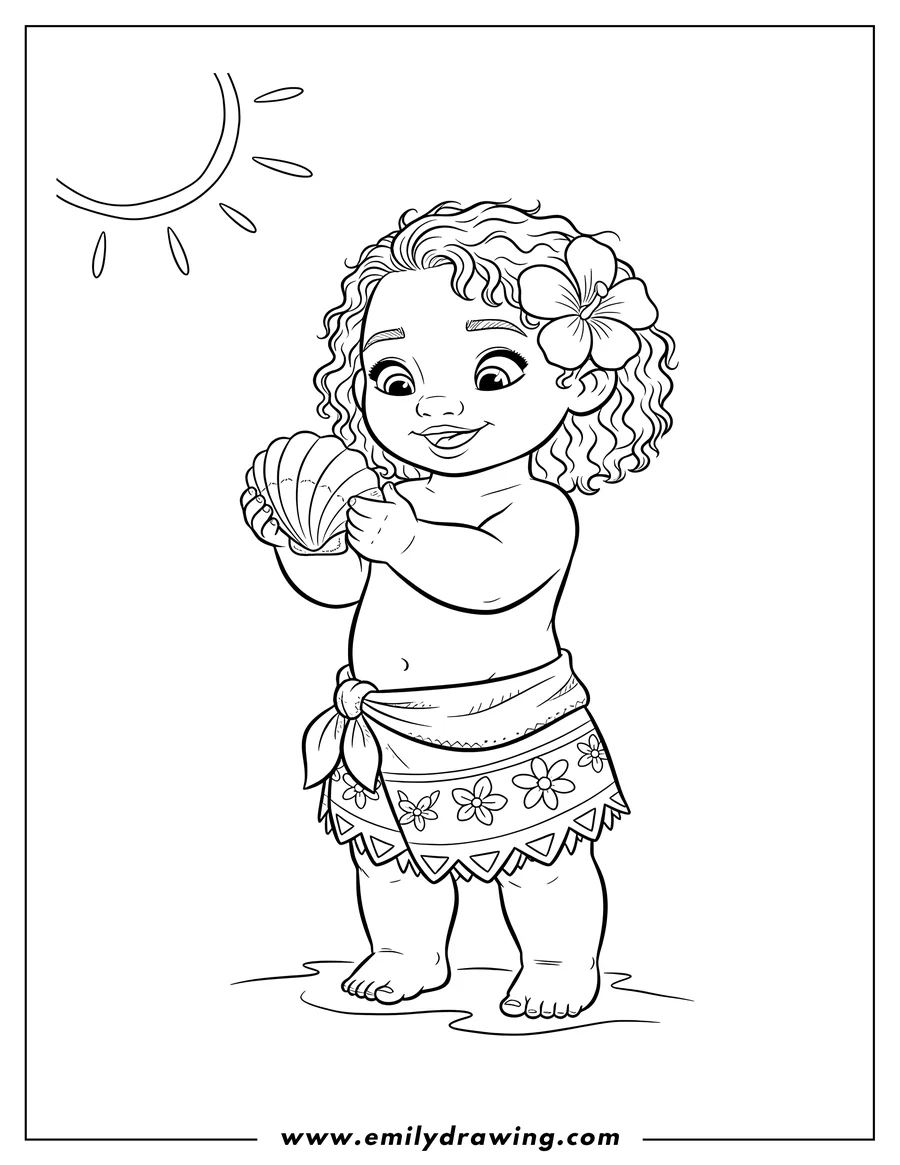 Printable coloring page of baby Moana holding a seashell, with a flower in her hair and wearing a patterned diaper
