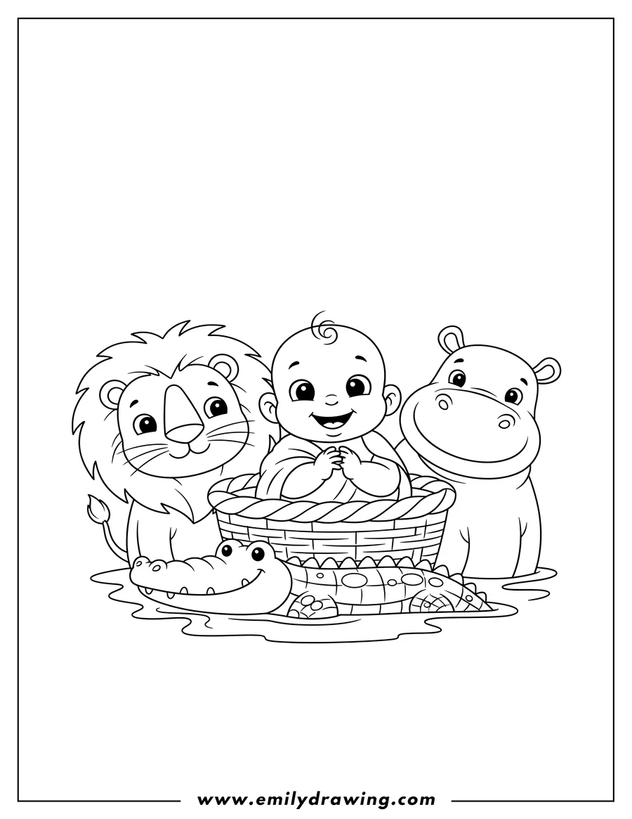 Printable coloring page of smiling baby Moses in a basket, surrounded by a lion, hippo, and crocodile