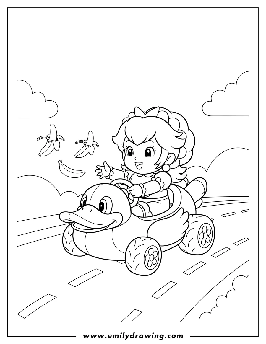 Black and white line art of baby Peach driving a duck kart chasing bananas