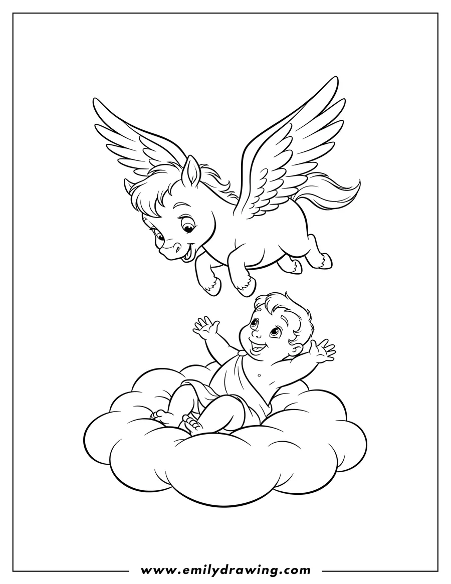 Linear illustration of baby Pegasus flying above and looking at Baby Hercules lying on clouds and reaching up