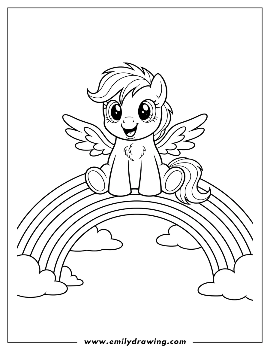 Downloadable coloring page of cartoon My Little Pony baby pegasus smiling sitting on a rainbow