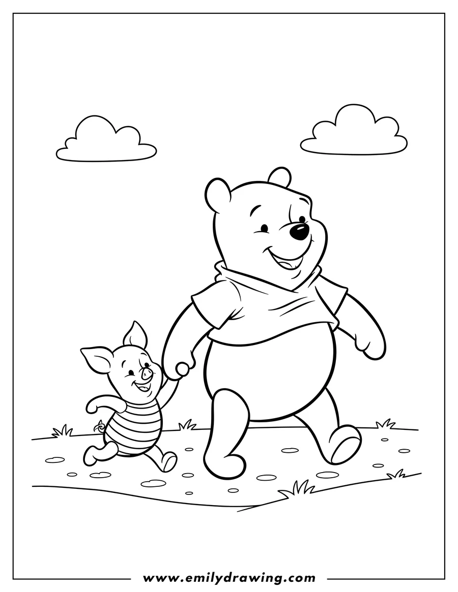 Free to print drawing of baby Piglet and Winnie Pooh smiling and walking