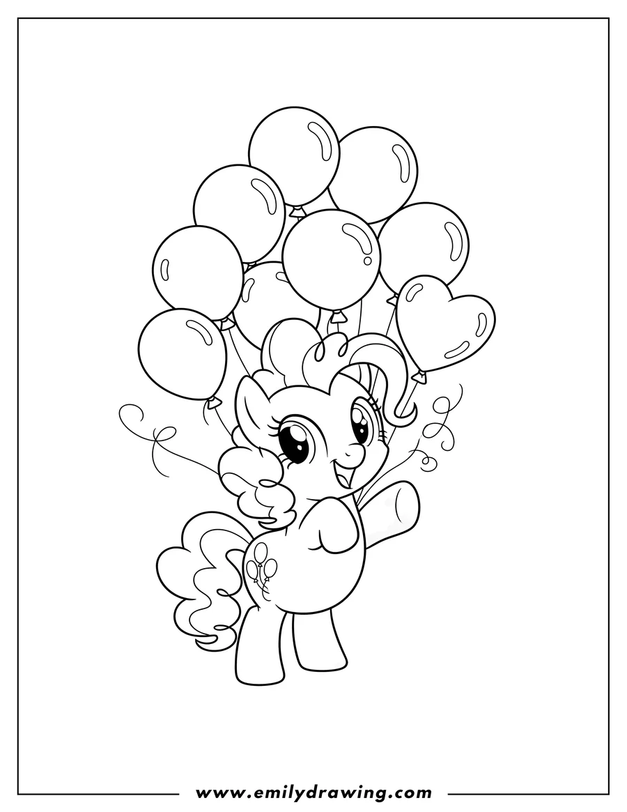 Coloring sheet featuring baby Pinkie Pie standing happily with a balloon background