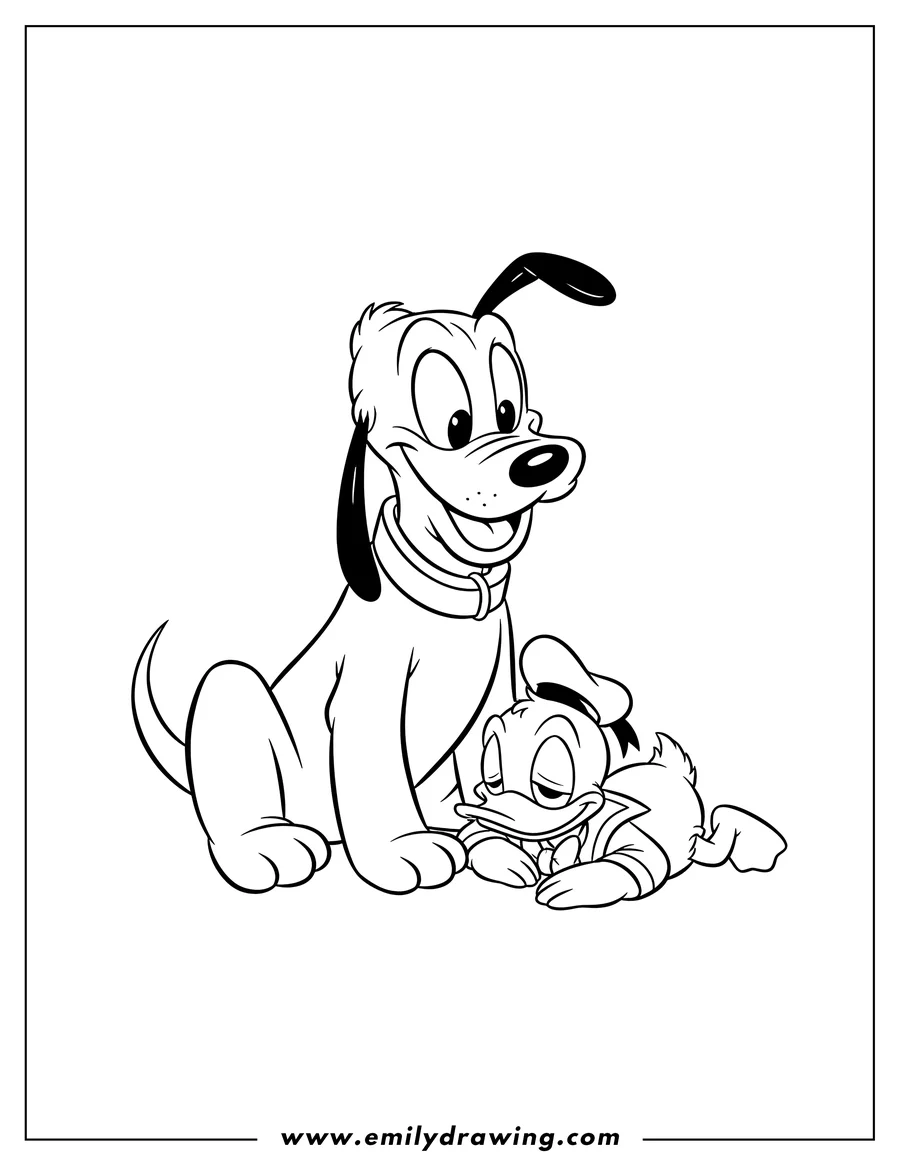 Coloring sheet featuring baby Pluto sitting with Baby Donald Duck lying on his belly