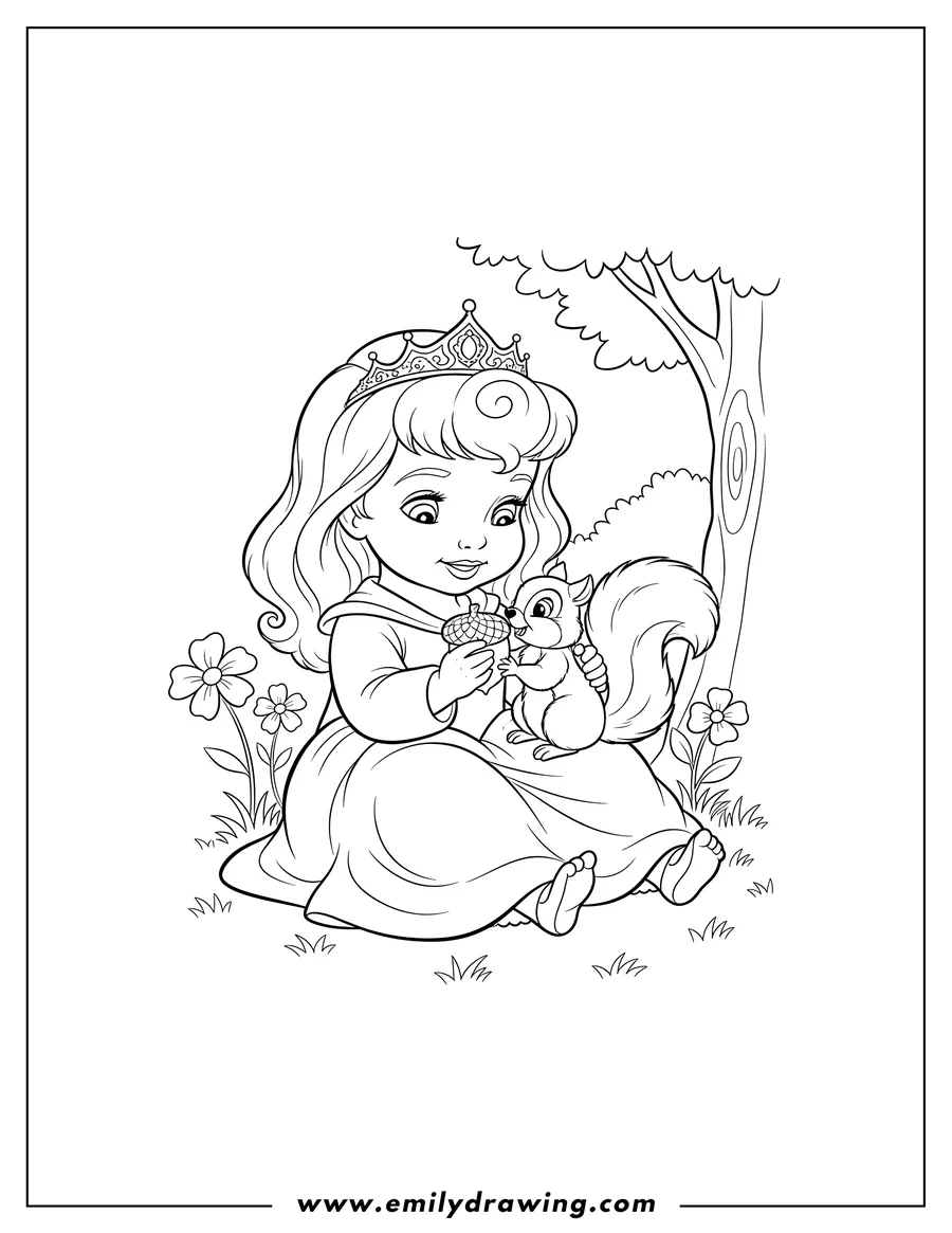 Free printable coloring sheet of baby Princess Aurora playing with a squirrel, holding it and offering it an acorn