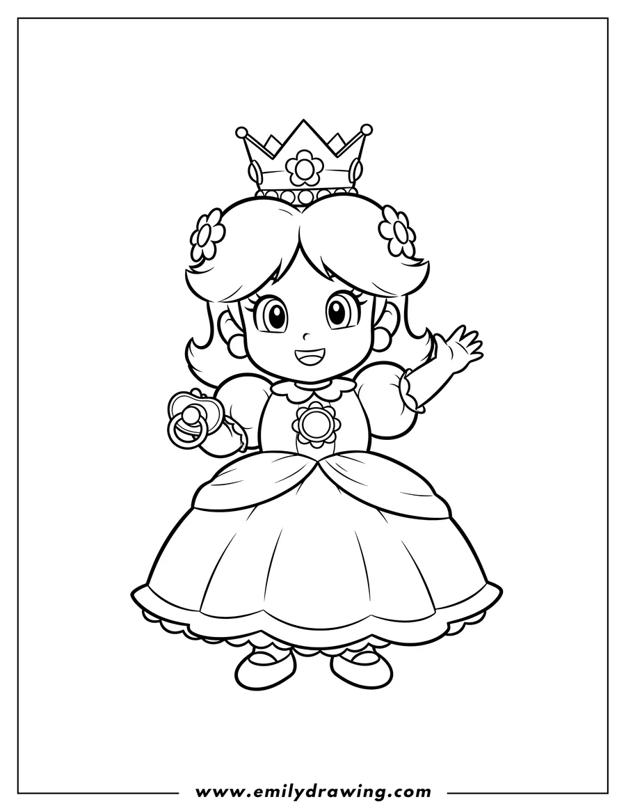 Coloring page for kids: baby Princess Daisy wearing a crown and dress, holding a pacifier with one hand, for preschoolers