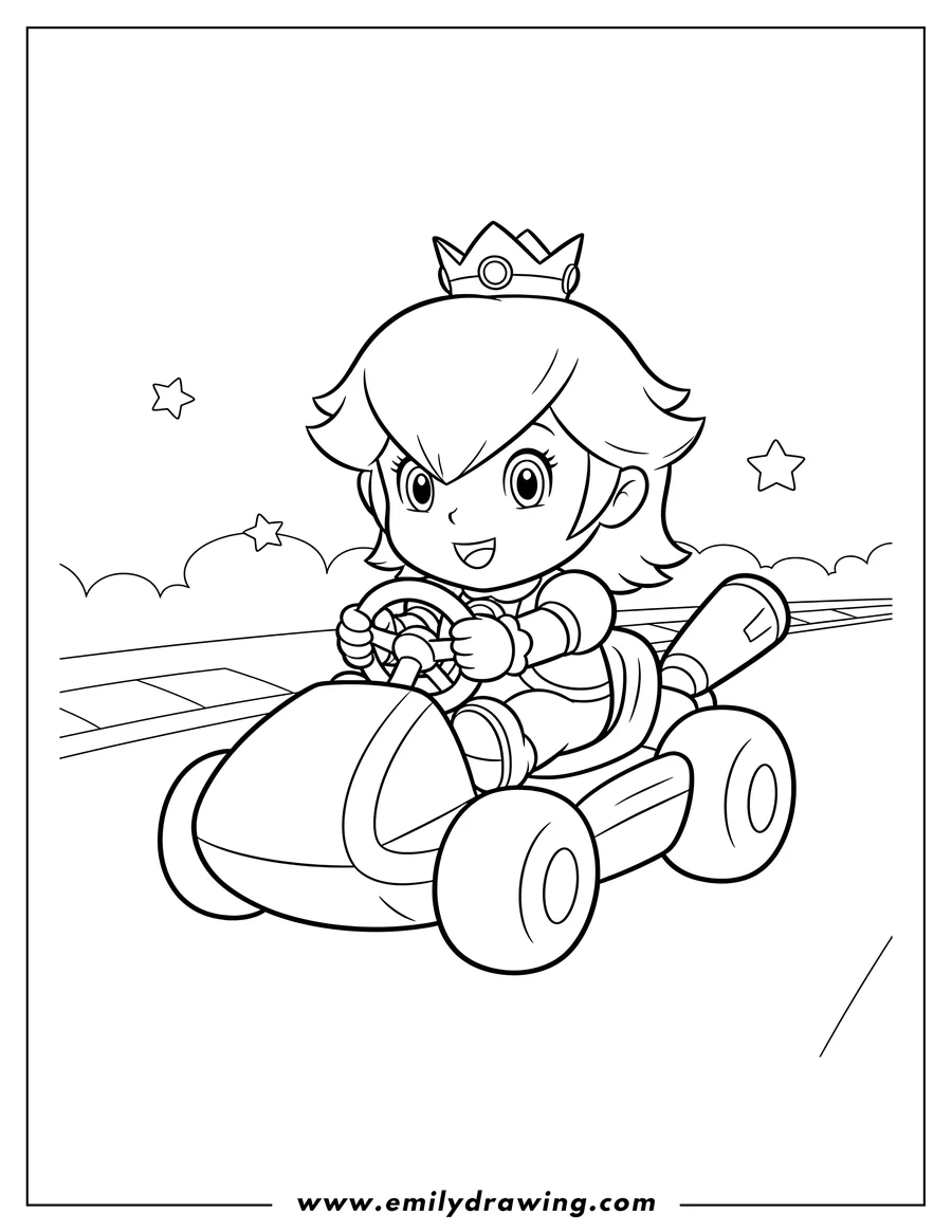Clean line drawing: baby Princess Rosalina Mario Kart, holding the steering wheel in her rounded kart