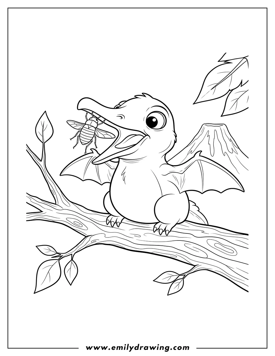 Linear illustration of baby Pterodactyl perched with open beak eating bug