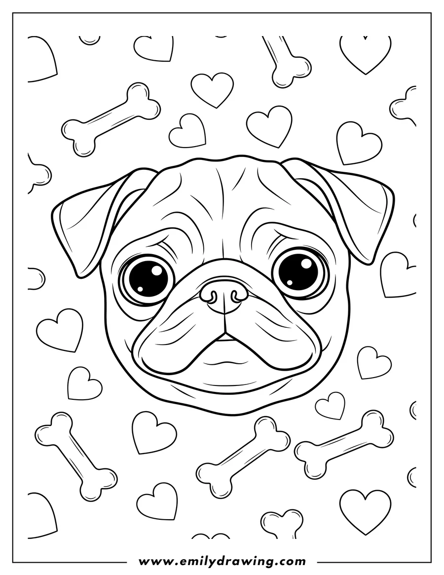 Clean line drawing: baby Pug headshot looking forward with big eyes, surrounded by bones and hearts