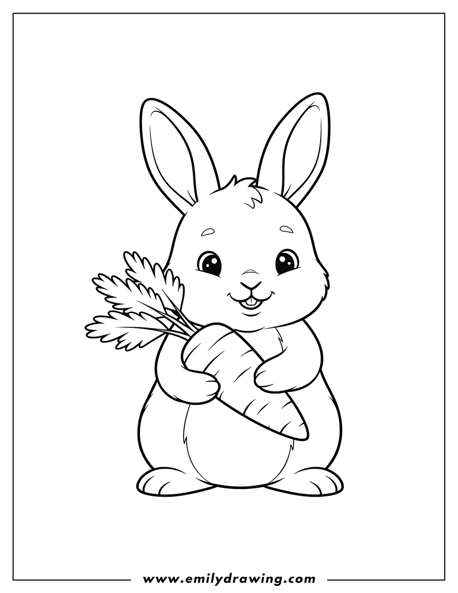 PDF style coloring page: easy Outline Baby Rabbit holding a carrot