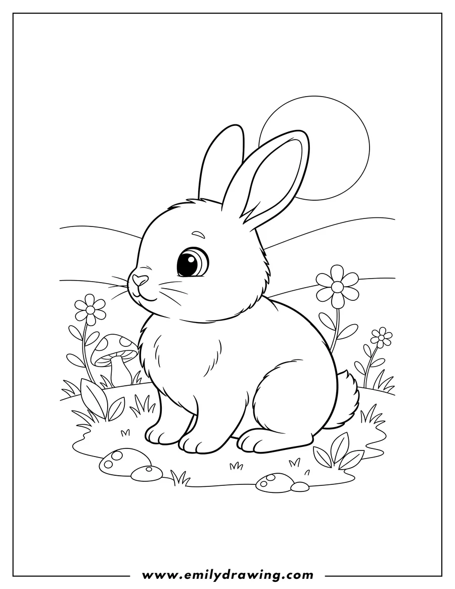Free printable coloring sheet of baby rabbit sitting and looking to the side in the wilderness