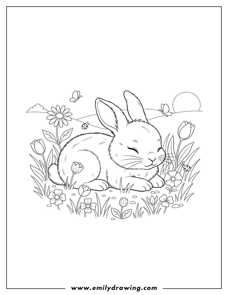 High quality printable baby Rabbit Lying in Grass with Flowers for coloring