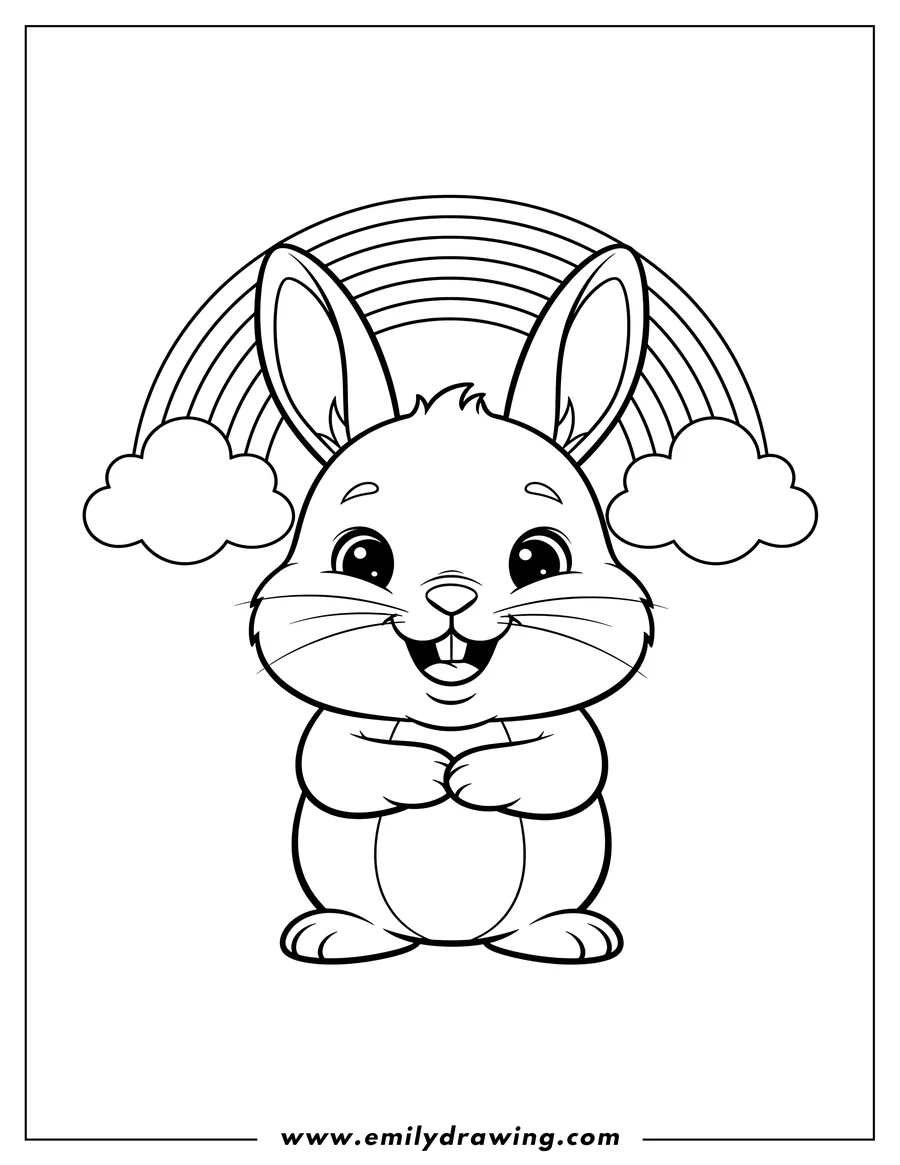 PDF style coloring page: super Cute Baby Rabbit With Big Teeth, smiling with paws crossed, under a rainbow and clouds