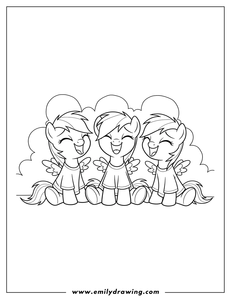 Simple sketch of baby Rainbow Dash Preschoolers, giggling with closed eyes and sitting with knees drawn up to color