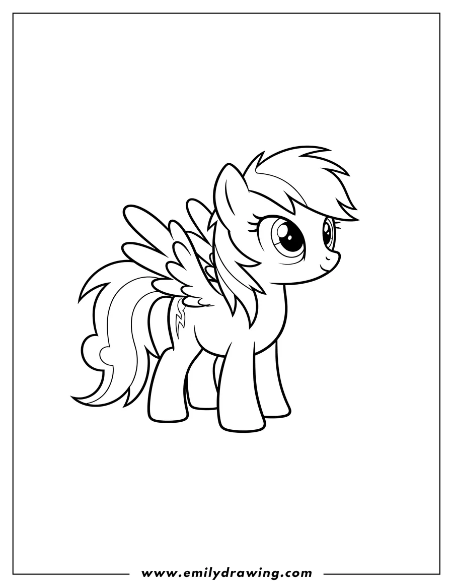 Coloring page of baby Rainbow Dash with wings, standing and looking to the side