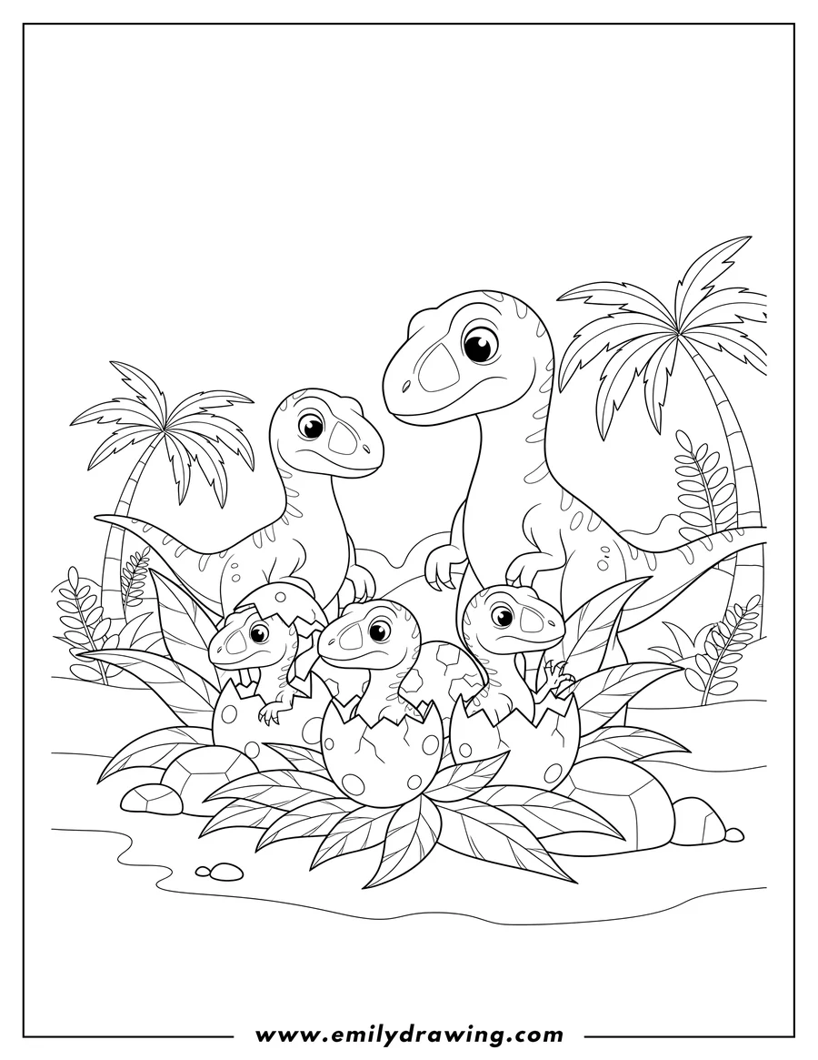 Coloring page of multiple baby raptors emerging from hatching dinosaur eggs, with adult raptors watching