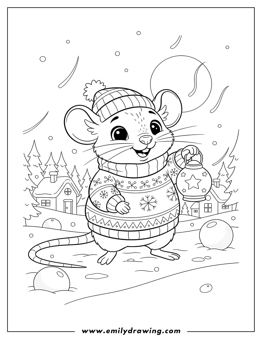 PDF style coloring page: baby Rat Standing and Smiling, Holding a Round Lantern in a Snowy Village