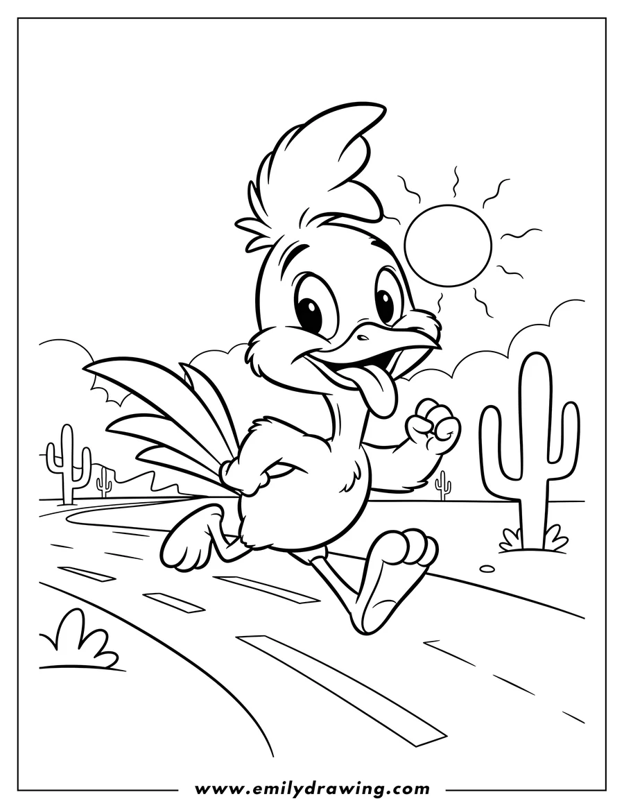 Printable coloring page of baby Road Runner Preschoolers Scaled, running with tongue sticking out