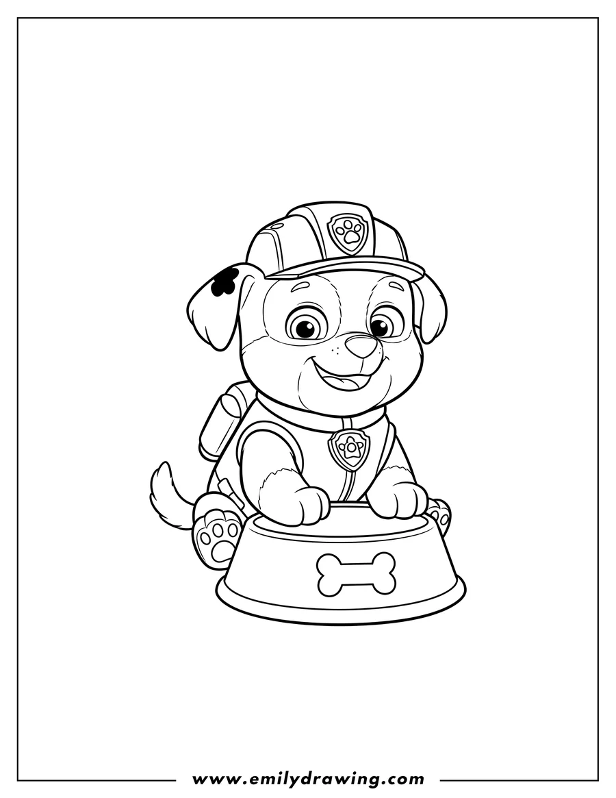 Vector style outline of baby Rubble sitting next to a food bowl