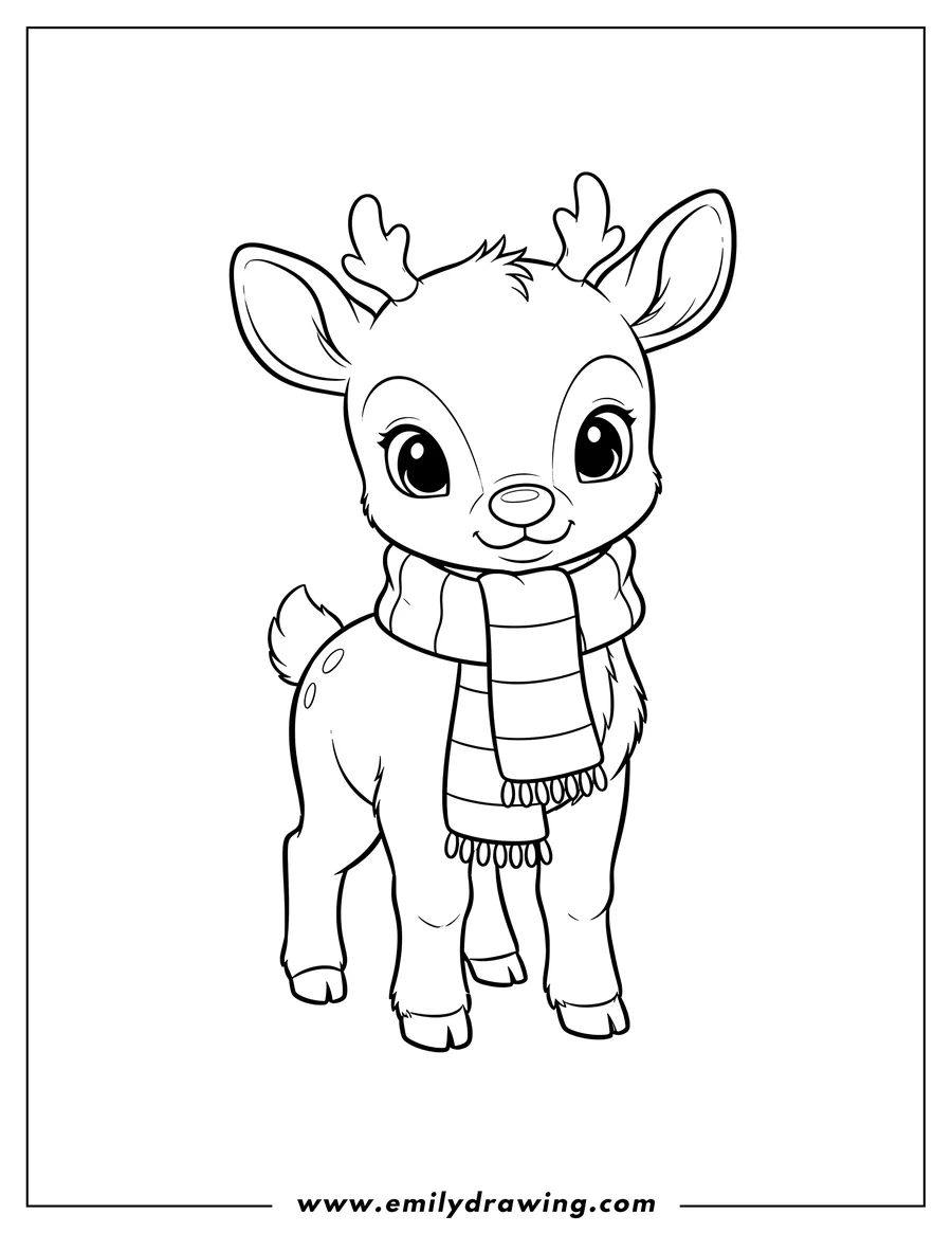 Doodle style coloring picture of baby Rudolph wearing a striped scarf and standing