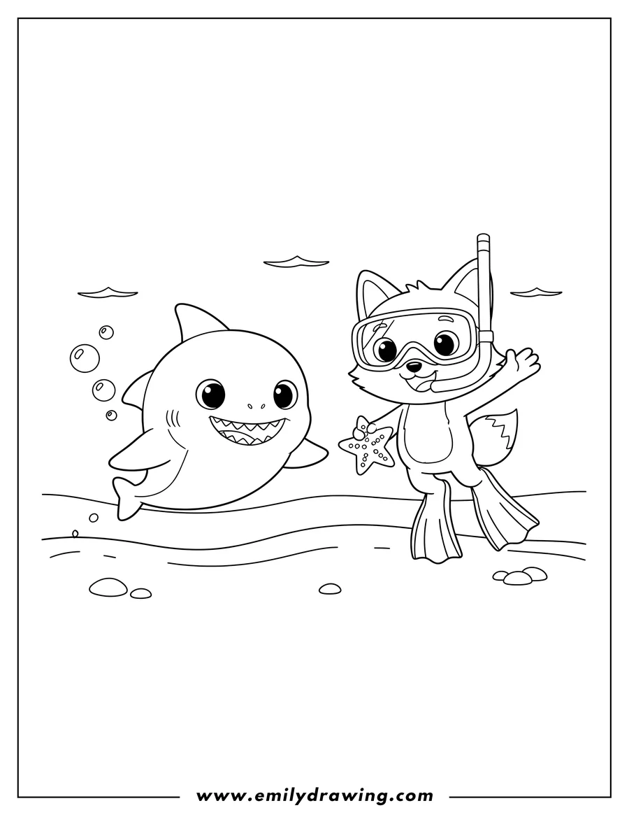 Full page coloring image of cute Baby Shark swimming and Pinkfong snorkeling and waving