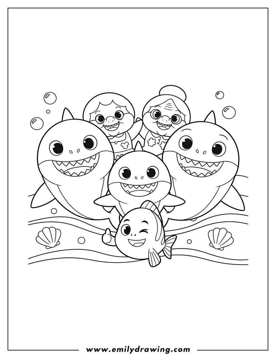 PDF style coloring page: baby Shark Family with William, all together and smiling