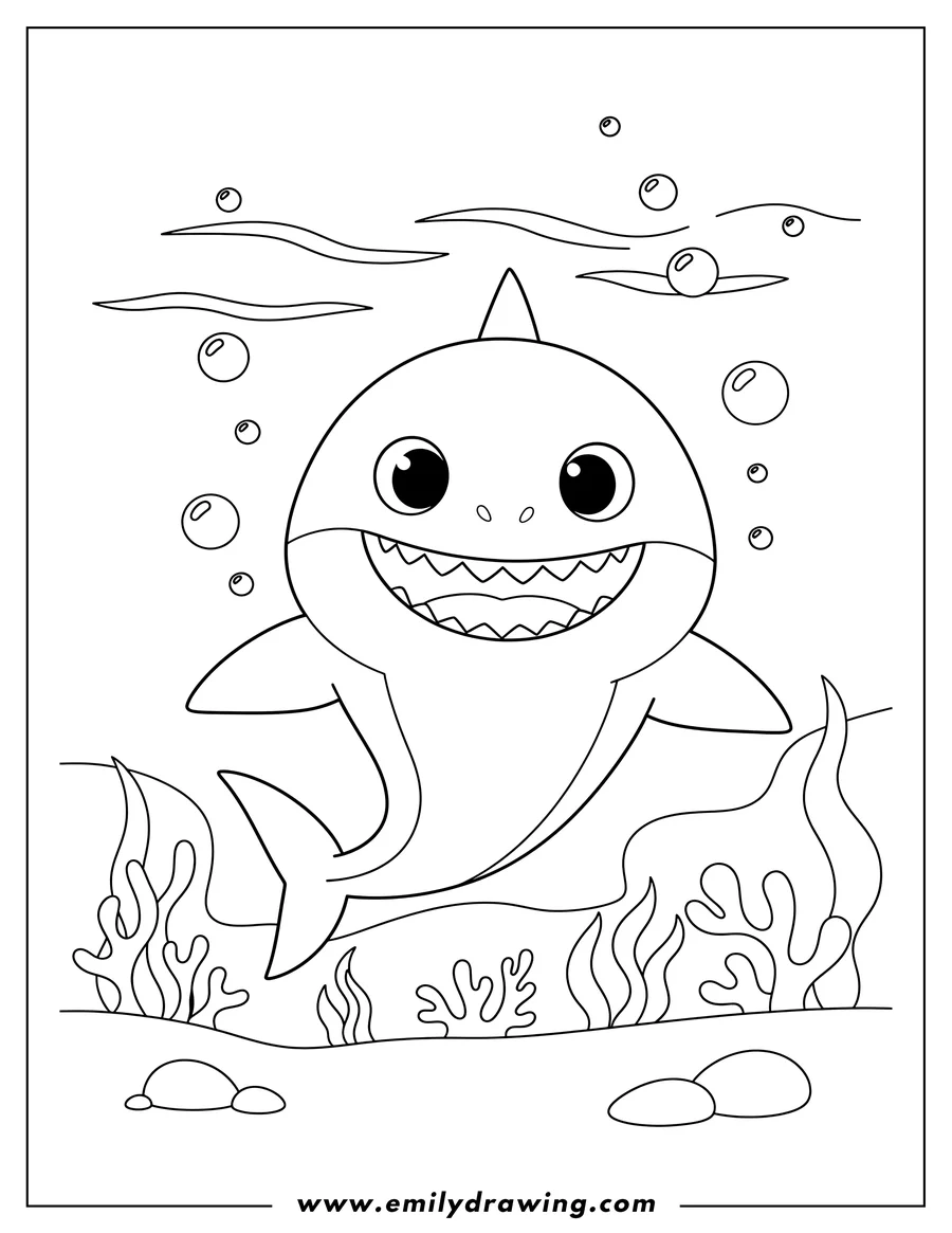 Coloring sheet featuring baby Shark smiling widely underwater