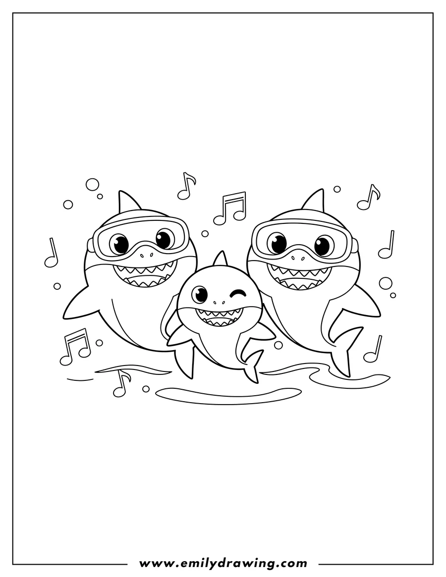 High quality printable baby Shark With Daddy And Mommy Shark, all smiling happily, one winking, with musical notes for coloring