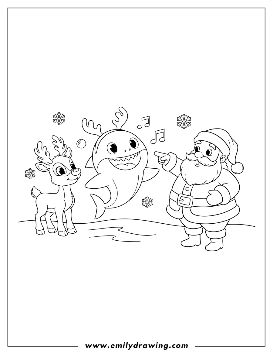 Coloring sheet featuring baby Shark wearing reindeer antlers and singing happily, with Rudolph and a surprised Santa Claus