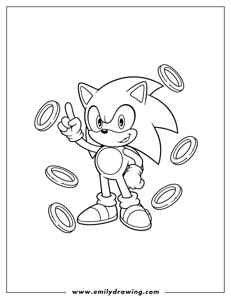 Full page coloring image of baby Sonic standing, smiling, pointing index finger up, surrounded by rings
