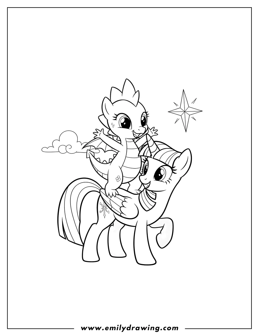 Vector style outline of baby Spike On Twilight Sparkle S Back, with Spike standing and both smiling