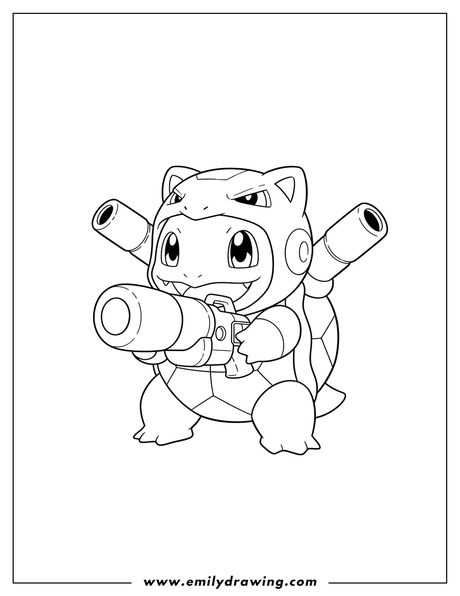 Free to print drawing of baby Squirtle in Blastoise costume, holding a cannon