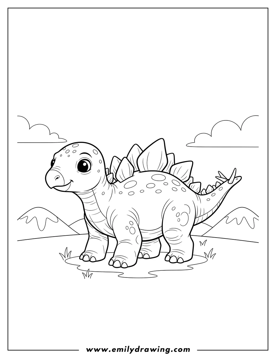 PDF style coloring page: baby Stegosaurus standing, with back plates and tail spikes