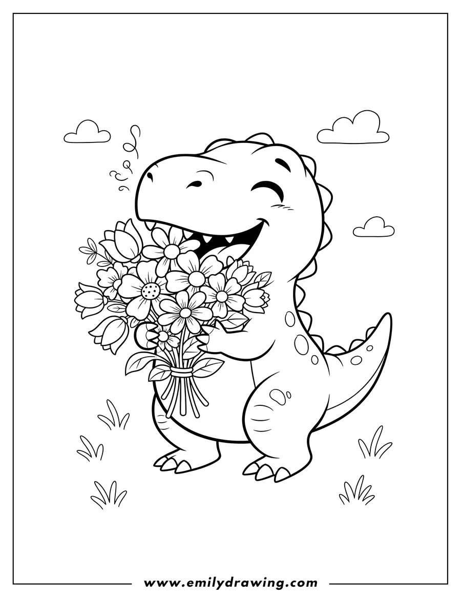 Coloring sheet featuring cartoon baby T-Rex smiling with eyes closed while smelling flowers