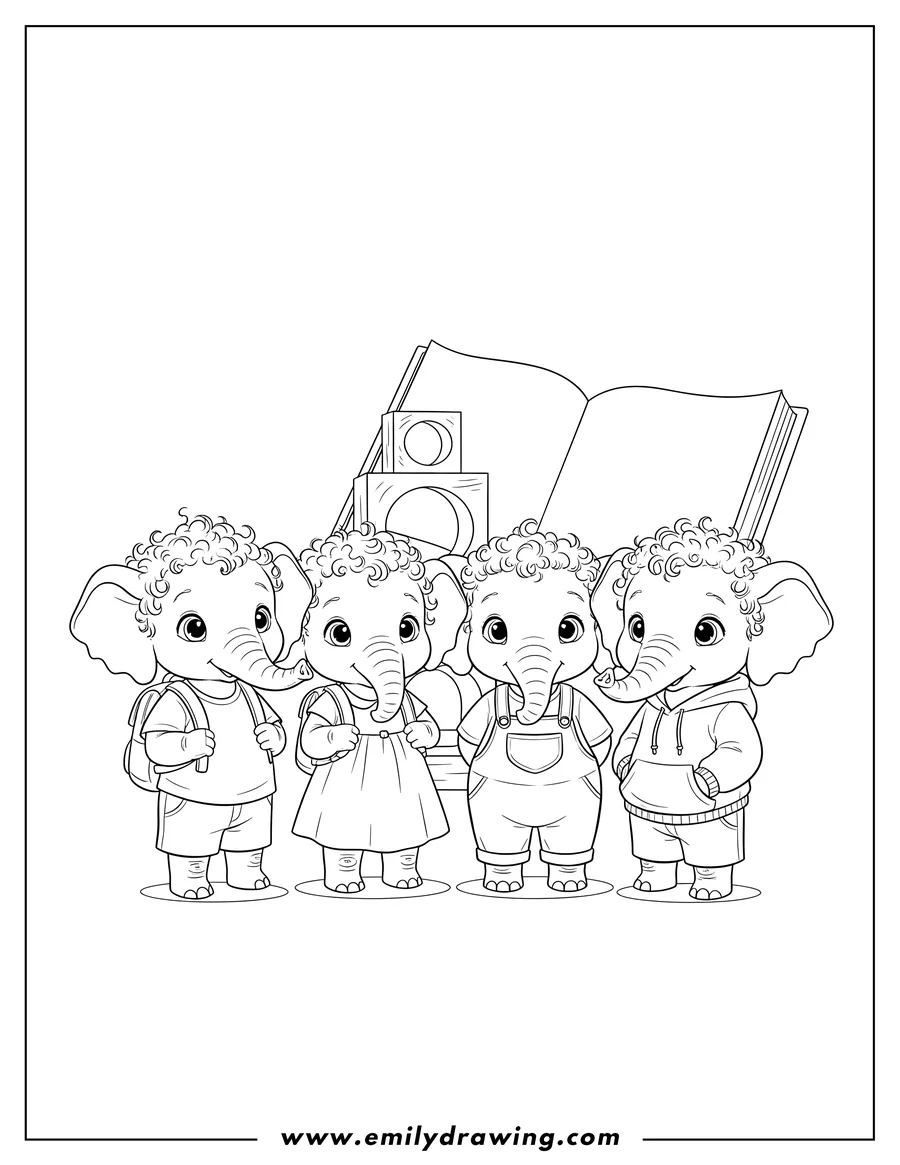 Linear illustration of baby Tantor Preschoolers standing with wide, curious eyes and curly hair