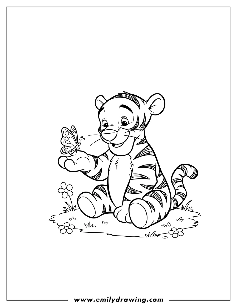 Clean line drawing: baby Tigger sitting, looking at a butterfly on his paw