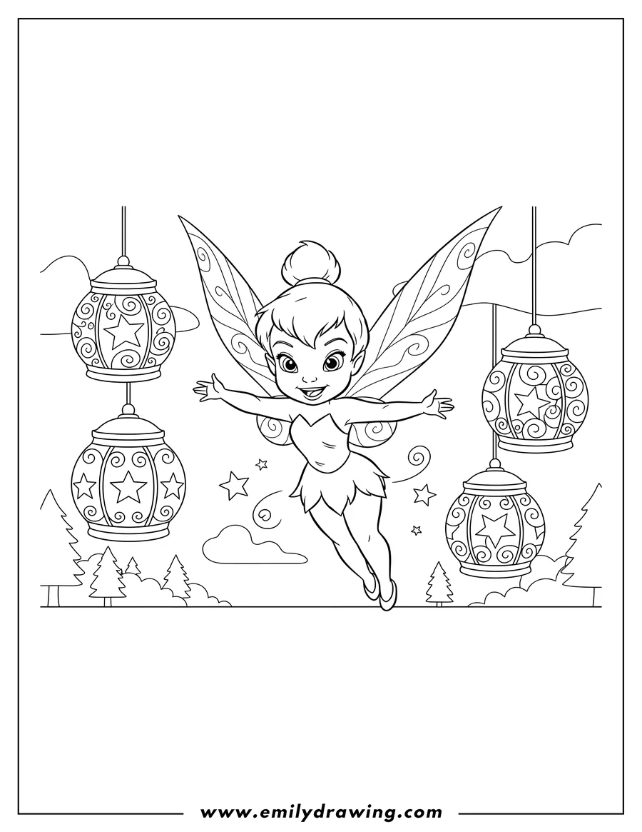 PDF style coloring page: baby Tinker Bell with fairy wings, flying and smiling next to lanterns