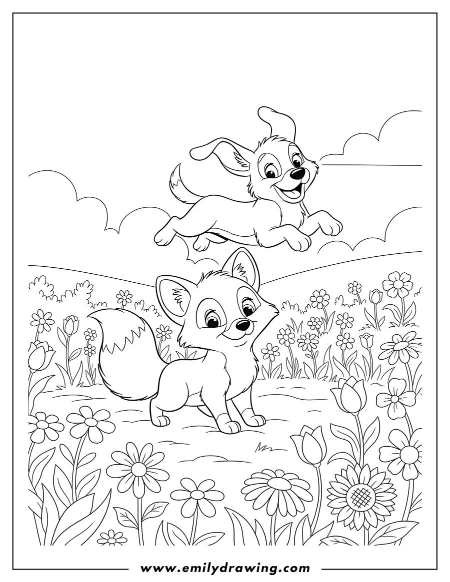 Downloadable coloring page of baby Todd the fox crouching and Copper the dog jumping in a flower field