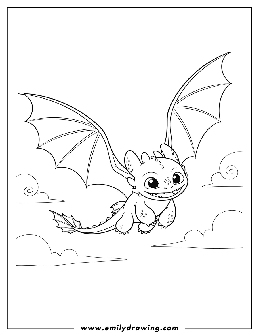 Free printable coloring sheet of baby Toothless flying and smiling