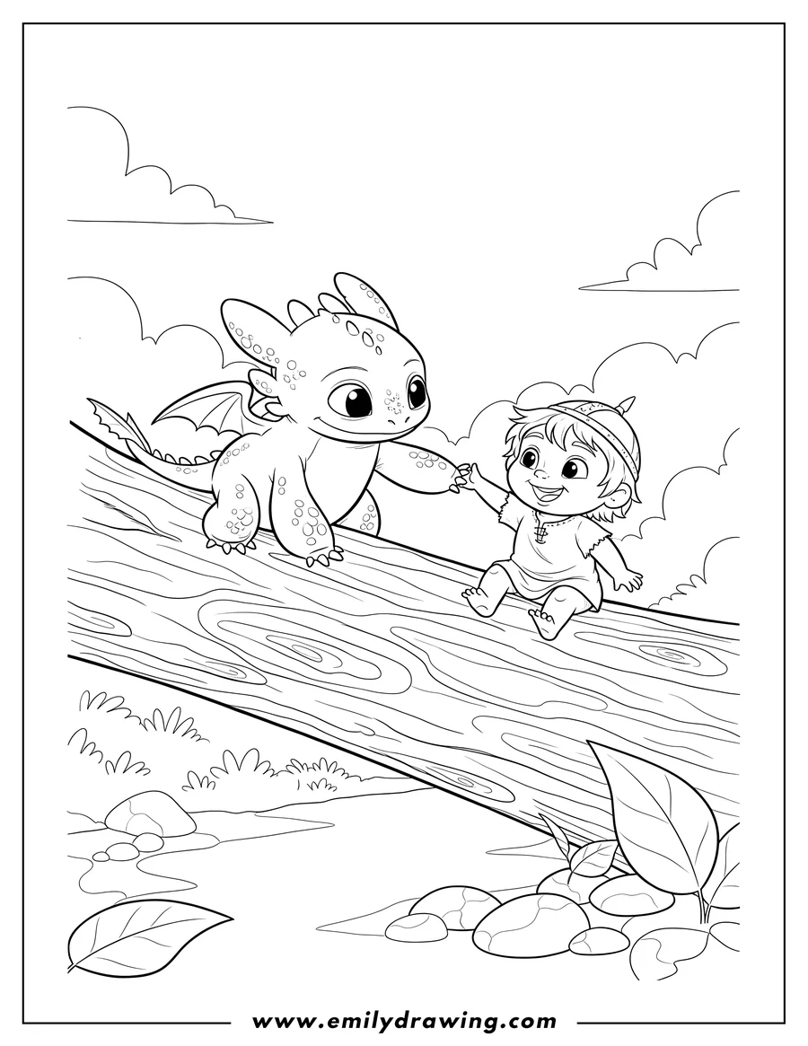 Linear illustration of baby Toothless with Baby Hiccup balancing on a log, Toothless reaching out a paw