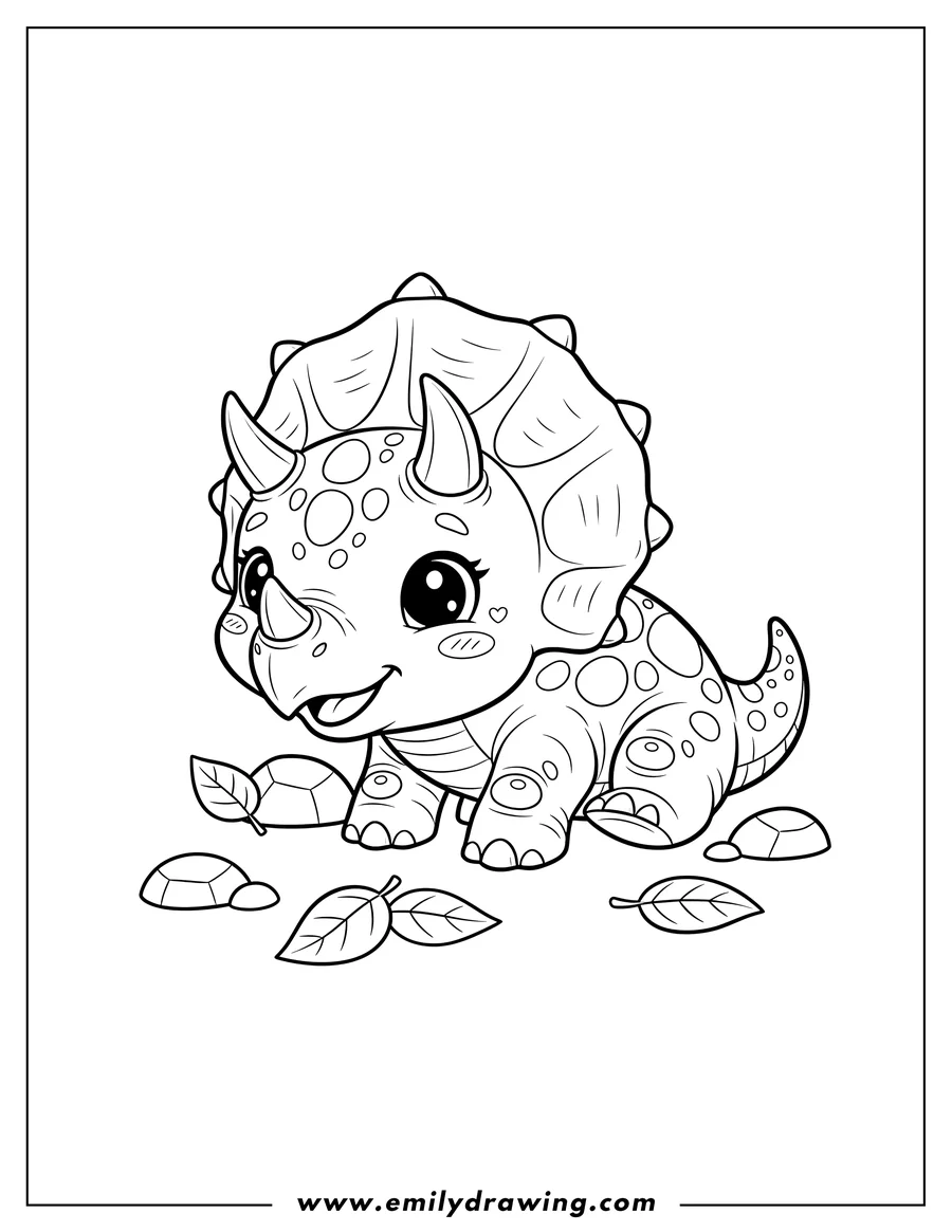 PDF style coloring page: baby Triceratops Scaled, crouching with a cute, blushing face