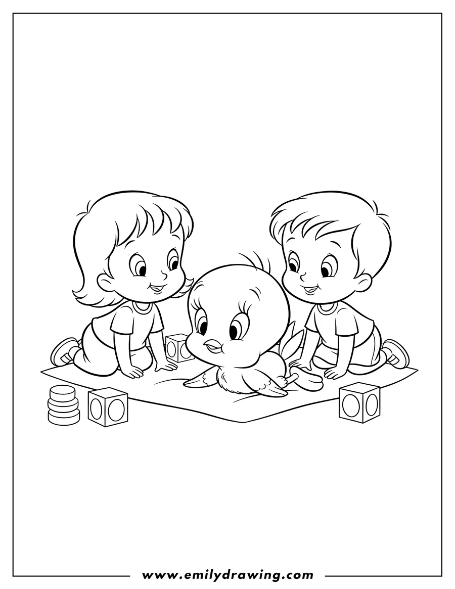 Free to print drawing of baby Tweety lying on its stomach, looking up, preschoolers
