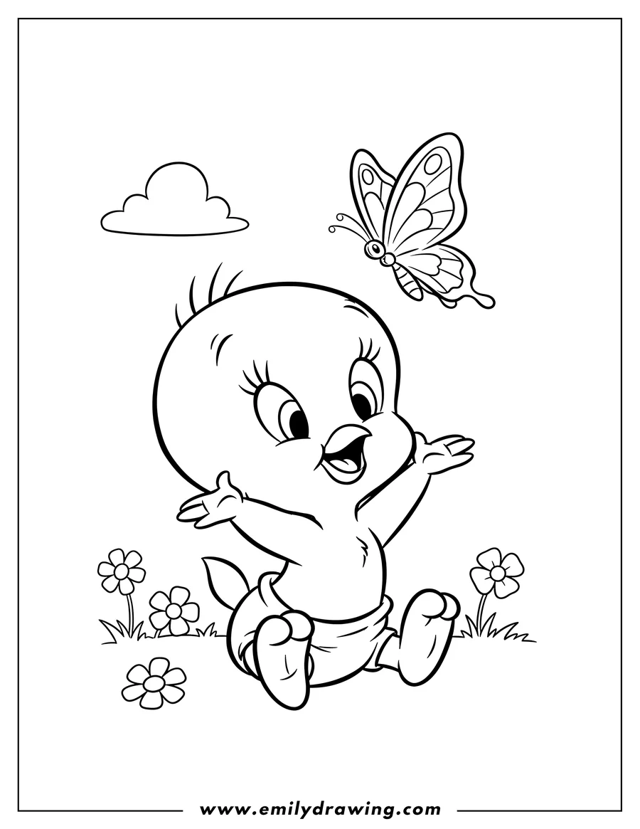Free printable coloring sheet of baby Tweety sitting in a diaper, happily looking up and reaching for a butterfly